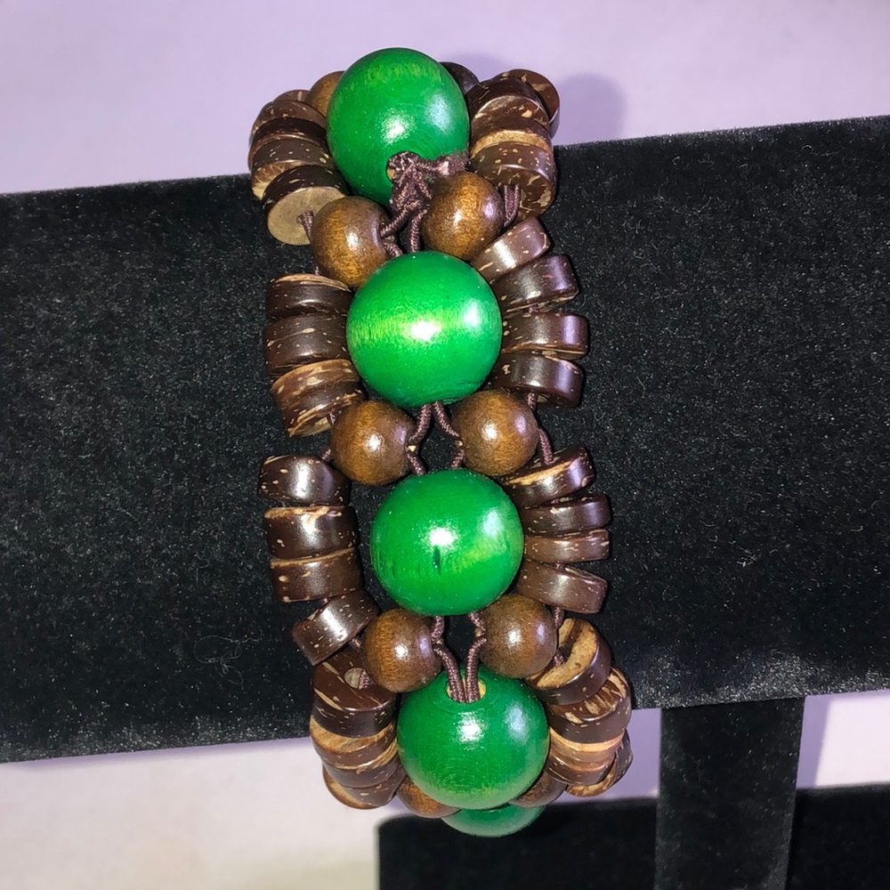 Green and Brown Beaded Boho Stretch Bracelet